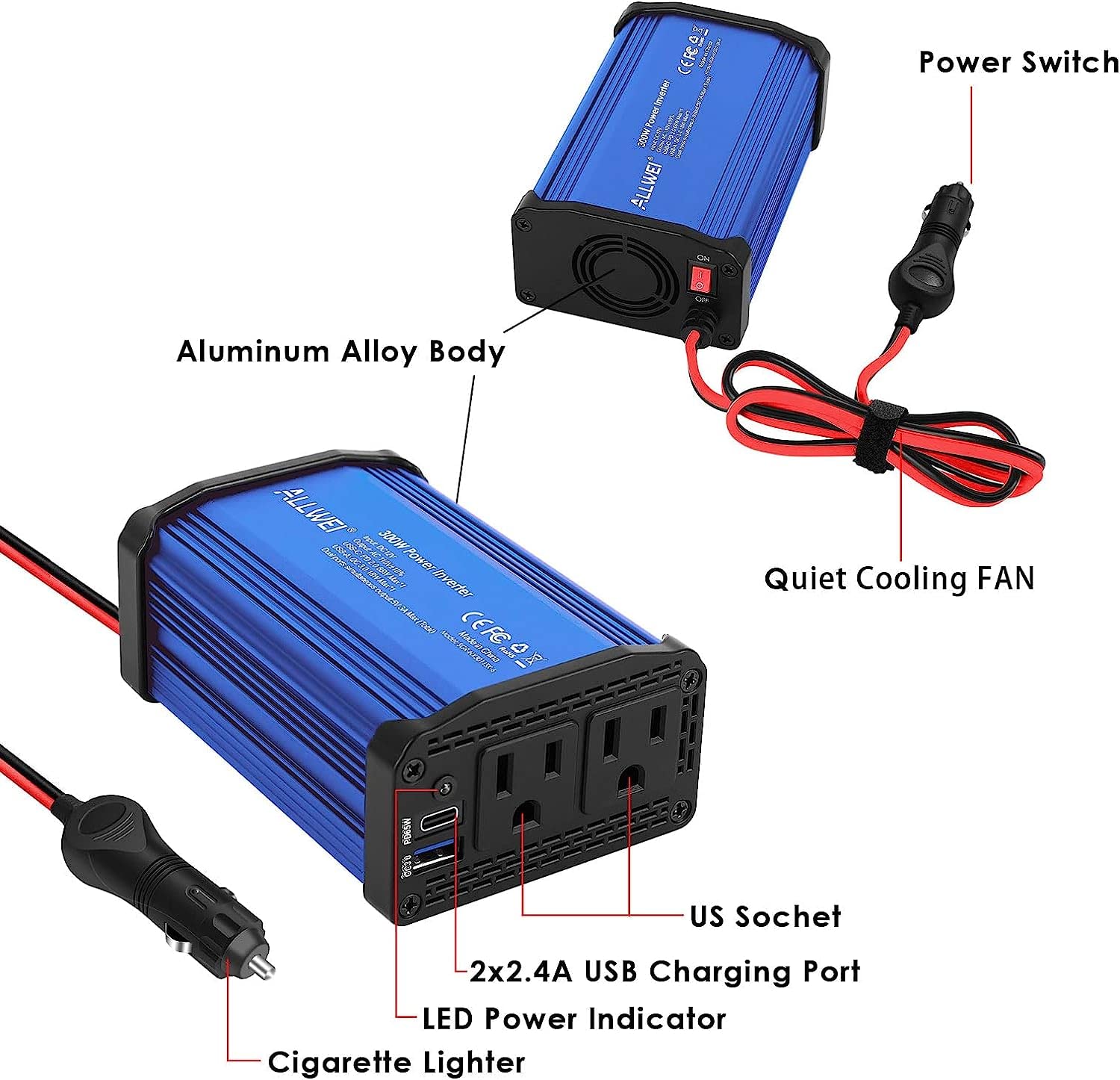 ALLWEI 300W Portable Power Station and 300W Blue Car Power Inverter, 280Wh Backup Lithium Battery, USB-C PD60W, 110V Pure Sine Wave AC Outlet, 78000mAh Solar Power Generator LED Light for Camping