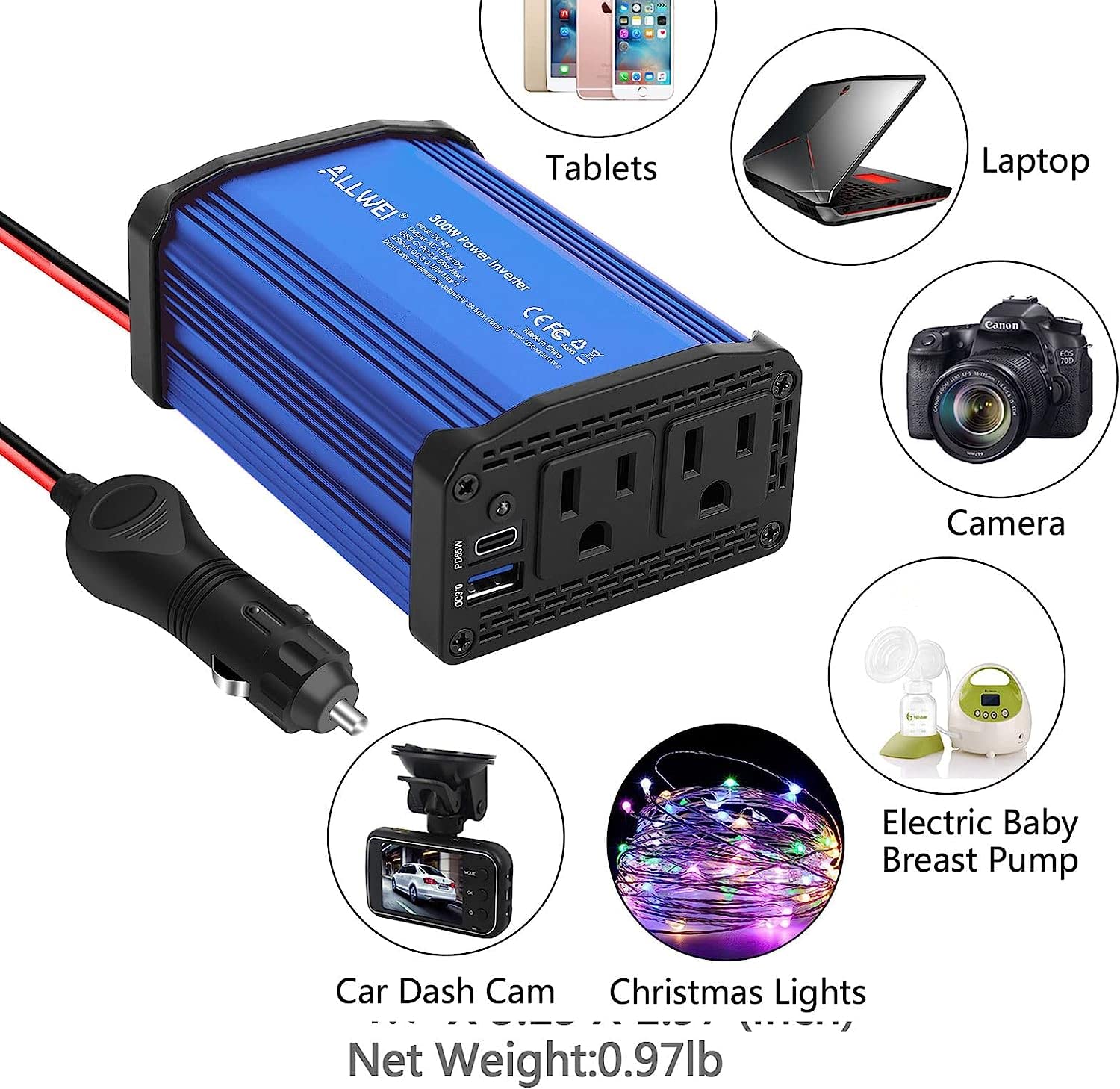 ALLWEI 300W Portable Power Station and 300W Blue Car Power Inverter, 280Wh Backup Lithium Battery, USB-C PD60W, 110V Pure Sine Wave AC Outlet, 78000mAh Solar Power Generator LED Light for Camping