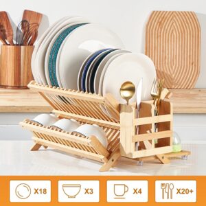 Olioeiao Bamboo Dish Drying Rack for Kitchen - Collapsible 3-Tier Wooden Folding Drainer with Utensil Holder and Dish Strainer Board for Countertop, Sink, and Racks Dryer (Natural)