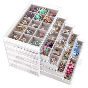fixwal earring organizer with 5 drawers, acrylic jewelry organizer, jewelry box, velvet earring holder organizer for earrings, ring, bracelet, necklace (gray)