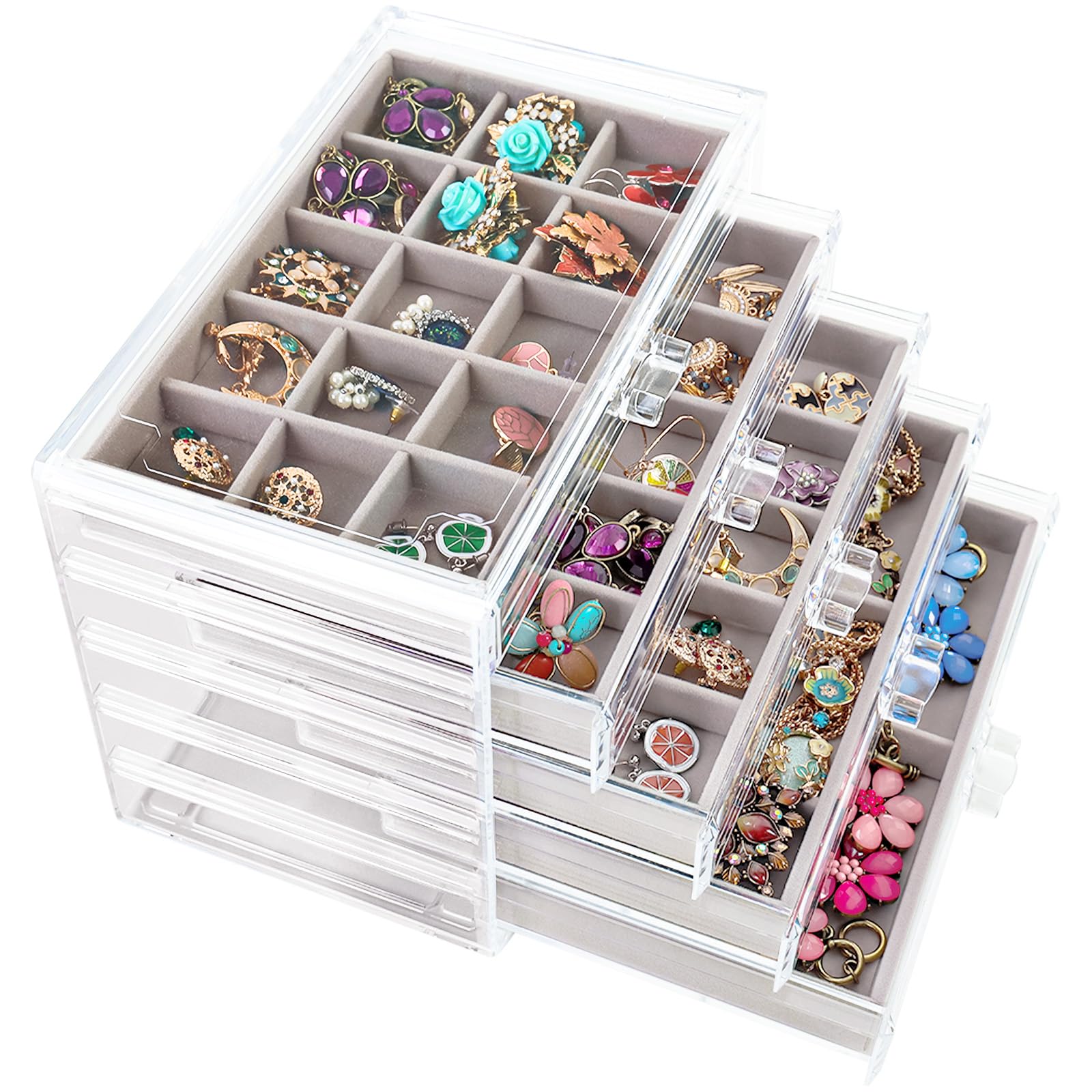 Fixwal Earring Organizer with 5 Drawers, Acrylic Jewelry Organizer, Jewelry Box, Velvet Earring Holder Organizer for Earrings, Ring, Bracelet, Necklace (Gray)