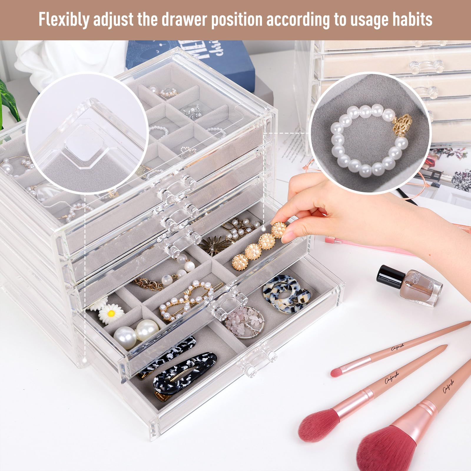 Fixwal Earring Organizer with 5 Drawers, Acrylic Jewelry Organizer, Jewelry Box, Velvet Earring Holder Organizer for Earrings, Ring, Bracelet, Necklace (Gray)