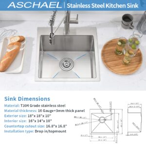 Aschael Bar Sink Drop In,18x18x10 Inch Top Mount Kitchen Sink 16 Gauge Stainless Steel Sink Single Bowl Kitchen Sinks, Deep Kitchen Sink Bar Prep Sink RV Sink