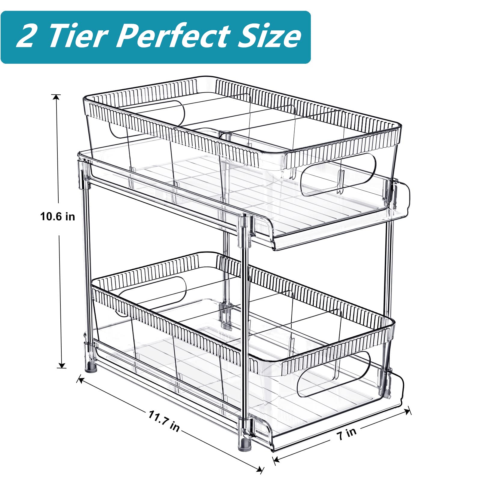 YOOMIDDA Bathroom Storage Organizer with Dividers, Multi-Purpose Kitchen Under Sink Organizers and Storage Slide-Out, Closet Organization, Kitchen Pantry Cabinet Medicine Bins (2 Tier)