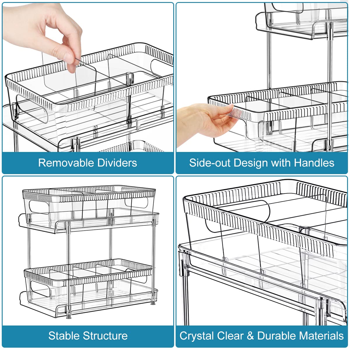 YOOMIDDA Bathroom Storage Organizer with Dividers, Multi-Purpose Kitchen Under Sink Organizers and Storage Slide-Out, Closet Organization, Kitchen Pantry Cabinet Medicine Bins (2 Tier)