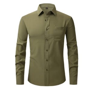 atofy men's long sleeve dress shirt regular fit casual button-down solid shirt with pockets(army green, l)