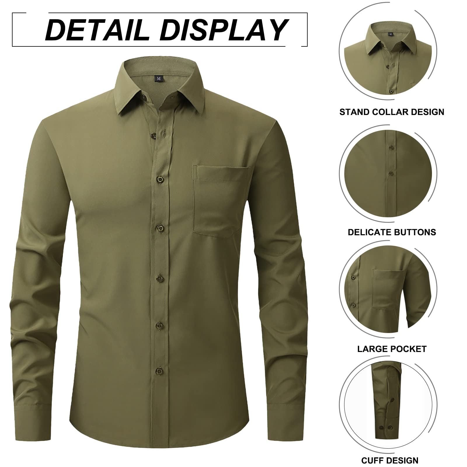 ATOFY Men's Long Sleeve Dress Shirt Regular Fit Casual Button-Down Solid Shirt with Pockets(Army Green, L)