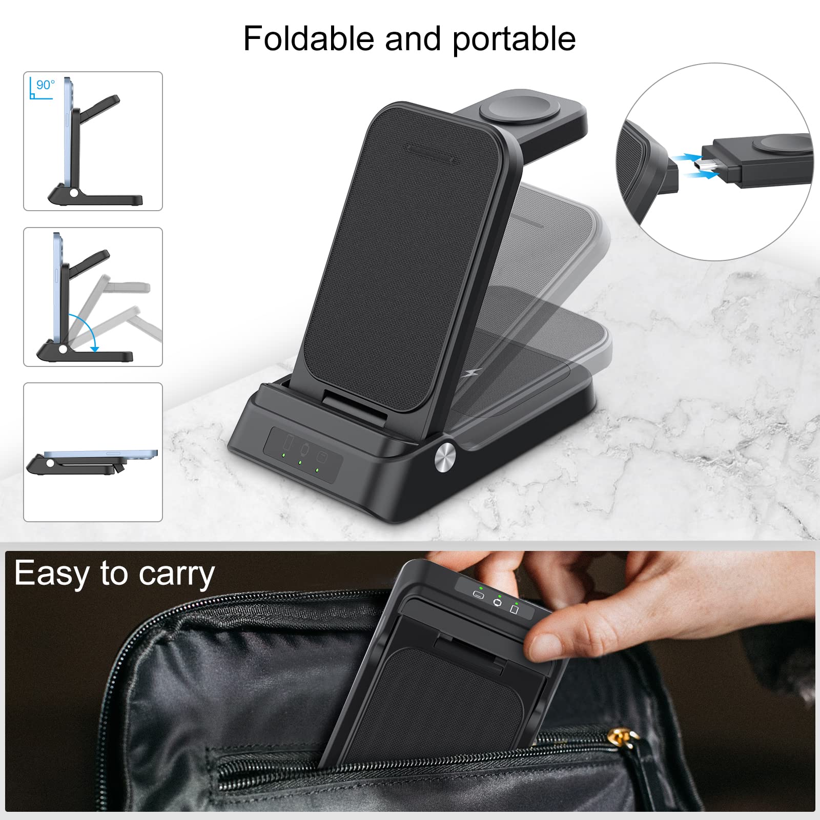 Wireless Charger for Samsung, RAUGEE Foldable 3 in 1 Fast Wireless Charging Station for Samsung Galaxy S24/24+/24 Ultra/S23 Ultra/S23+/S22/Z Fold/Flip 5/4/ Stand for Galaxy Watch 6/5/4/3