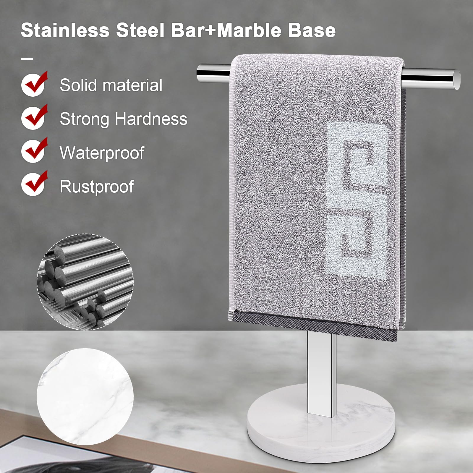 NearMoon T-Shape Hand Towel Holder-Bathroom Towel Rack-Stand with Balanced Base Towel Bar for Bathroom Kitchen Vanity Countertop, Modern Stand Towel Ring with Marble Base (16 Inch, Chrome)