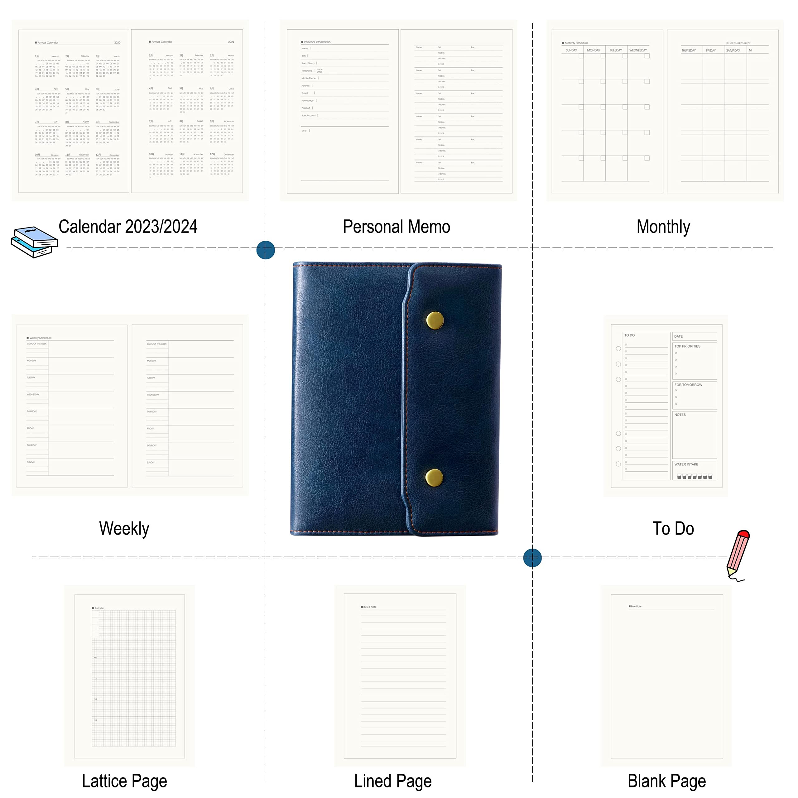 GUOKICHY three-fold notebooks, diary, travel composition notebooks, circular binders, button planners, personal memos, calendars, advanced thick paper (A6, Blue)