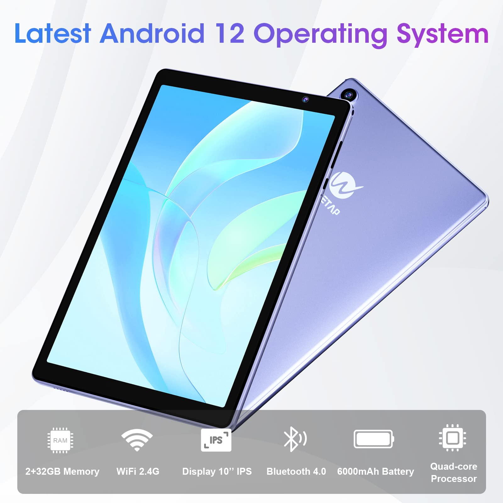 WeTap Android Tablet 10 inch Tablets丨 M10 Android 12 OS, 2+32GB / 512GB Expandable, Dual Camera Android Tablet, 1280x800 IPS Tablets, Quad-Core Processor, 6000 Mah Battery Bluetooth WiFi (Purple)