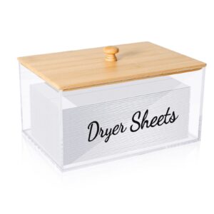 jyps acrylic dryer sheet holder container with bamboo lid for laundry room decor organization and storage, clean dryer sheet detergent pods dispenser box with dryer sheet label