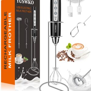 YUSWKO Rechargeable Milk Frother for Coffee with Stand, Handheld Drink Mixer with 3 Heads 3 Speeds Electric Stirrers for Latte, Cappuccino, Hot Chocolate, Egg - Black