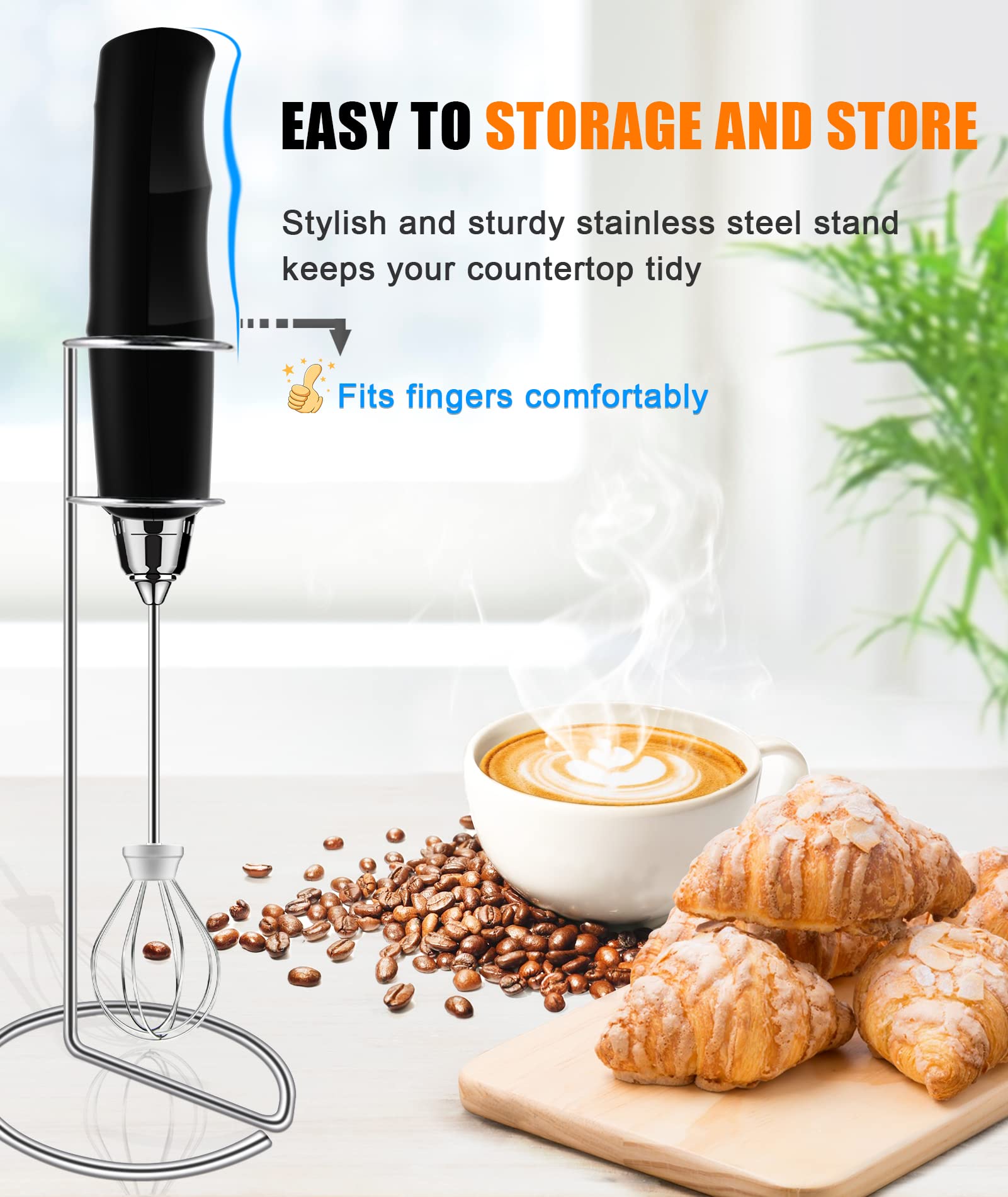 YUSWKO Rechargeable Milk Frother for Coffee with Stand, Handheld Drink Mixer with 3 Heads 3 Speeds Electric Stirrers for Latte, Cappuccino, Hot Chocolate, Egg - Black