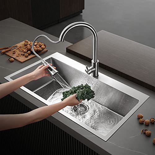 Gaomasck Kitchen Sink Faucets,Kitchen Faucet with Pull Down Sprayer,Kitchen Faucets,3 Hole Brushed Nickel Pull Out Faucet,Faucet for Kitchen Sink,SUS304 Stainless Steel Faucets for Sink.