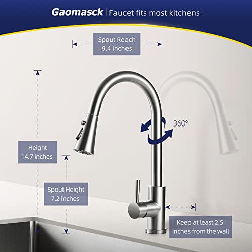 Gaomasck Kitchen Sink Faucets,Kitchen Faucet with Pull Down Sprayer,Kitchen Faucets,3 Hole Brushed Nickel Pull Out Faucet,Faucet for Kitchen Sink,SUS304 Stainless Steel Faucets for Sink.