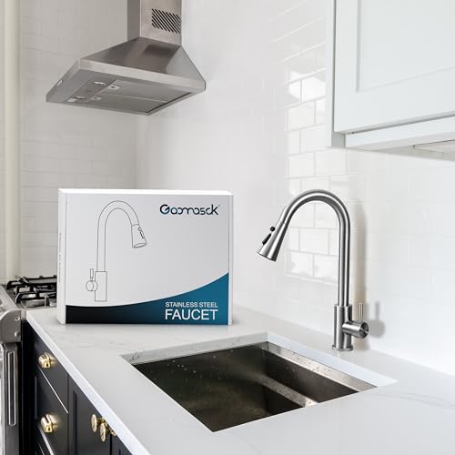 Gaomasck Kitchen Sink Faucets,Kitchen Faucet with Pull Down Sprayer,Kitchen Faucets,3 Hole Brushed Nickel Pull Out Faucet,Faucet for Kitchen Sink,SUS304 Stainless Steel Faucets for Sink.