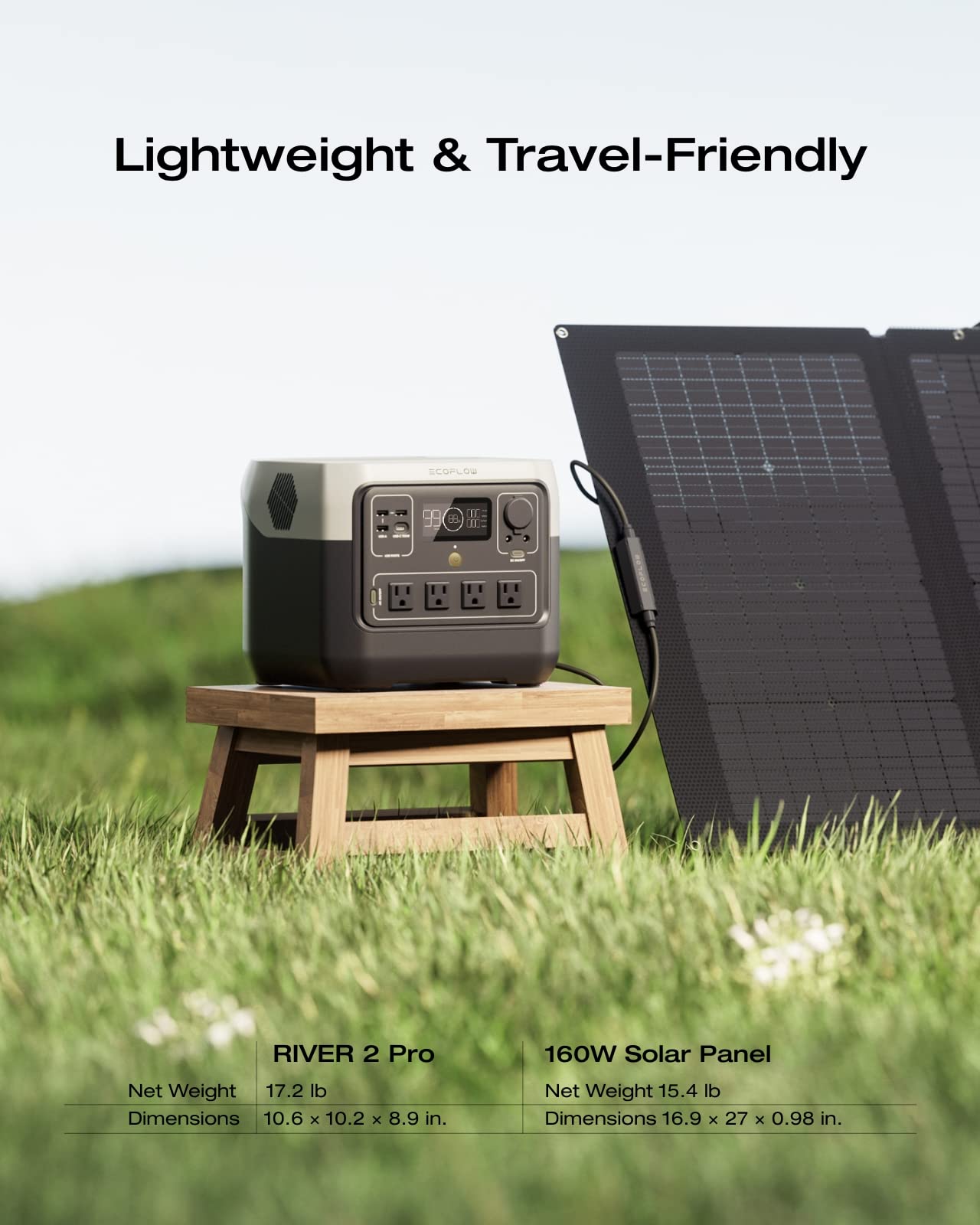 EF ECOFLOW Solar Generator RIVER 2 Pro 768Wh Portable Power Station & 160W Portable Solar Panel LiFePO4 Battery 70 Min Fully Charged, 4×AC, For Camping, RV, Home Backup