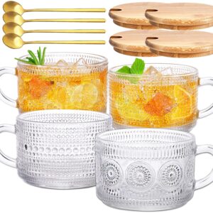 gusnilo set of 4pcs vintage embossed clear coffee mugs with bamboo lid and spoons,tea,latte,yogurt cups,beverage,overnight oats containers,14 oz glass coffee cups for cappuccino