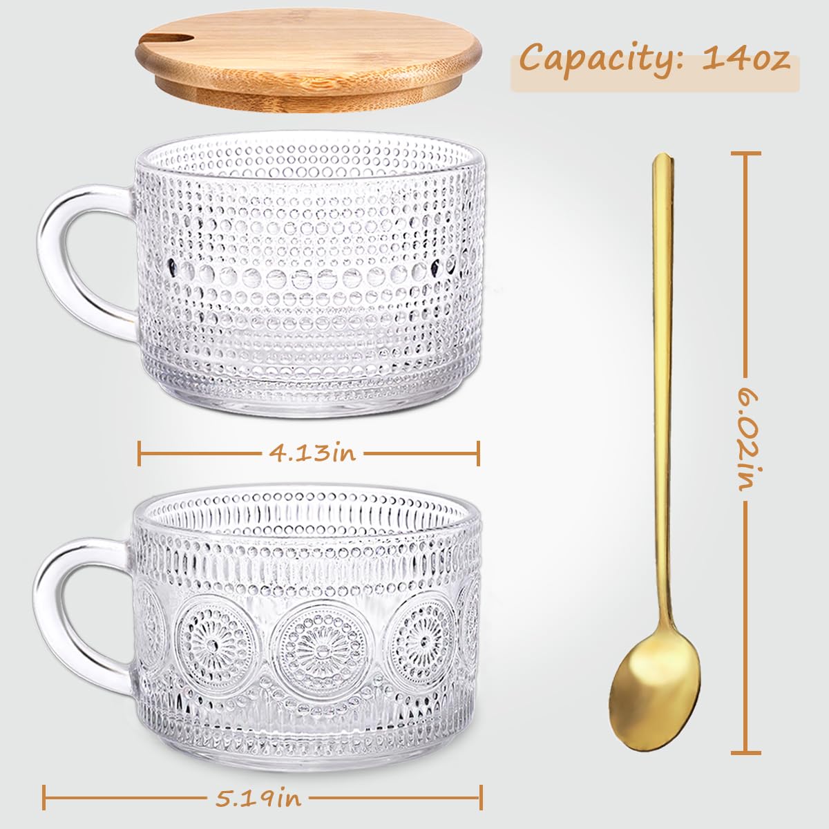 Gusnilo Set of 4pcs Vintage Embossed Clear Coffee Mugs with Bamboo Lid and Spoons,Tea,Latte,Yogurt Cups,Beverage,Overnight Oats Containers,14 Oz Glass Coffee Cups for Cappuccino