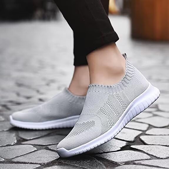 LANCROP Women's Lightweight Walking Shoes - Casual Breathable Mesh Slip On Sneakers Wide 7 US, Label 37.5 Grey