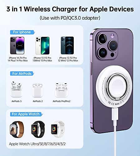 Magnetic Wireless Charger, Fast Mag-Safe Charger 3 in 1 Charging Station Compatible with iPhone 15/14/13/12 Series, iWatch Ultra/SE/9/8/7/6/5/4/3/2 AirPods, Travel Charger Pad (Plug to Use)