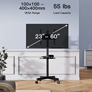 PERLESMITH Mobile TV Cart with Wheels for 23-60 Inch LCD LED OLED Flat Curved Screen Outdoor TVs Height Adjustable Shelf Floor Stand Holds up to 55lbs Monitor TV Holder with Tray Max VESA 400x400mm