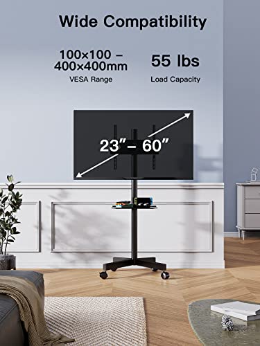 PERLESMITH Mobile TV Cart with Wheels for 23-60 Inch LCD LED OLED Flat Curved Screen Outdoor TVs Height Adjustable Shelf Floor Stand Holds up to 55lbs Monitor TV Holder with Tray Max VESA 400x400mm