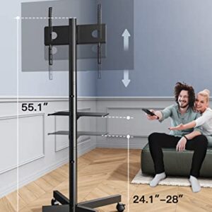 PERLESMITH Mobile TV Cart with Wheels for 23-60 Inch LCD LED OLED Flat Curved Screen Outdoor TVs Height Adjustable Shelf Floor Stand Holds up to 55lbs Monitor TV Holder with Tray Max VESA 400x400mm