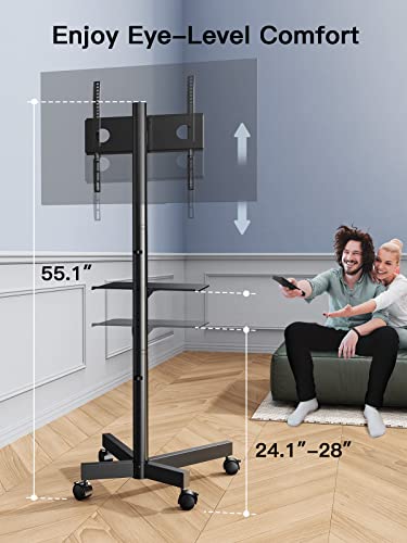 PERLESMITH Mobile TV Cart with Wheels for 23-60 Inch LCD LED OLED Flat Curved Screen Outdoor TVs Height Adjustable Shelf Floor Stand Holds up to 55lbs Monitor TV Holder with Tray Max VESA 400x400mm