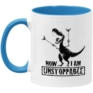 okaytee t-rex mug - now i am unstoppable - funny t-rex dinosaur gift idea for men and women 11oz two-tone mug white and light blue