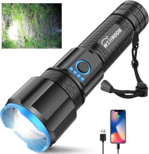 wsiiroon lt1702 120,000 lumen super bright led flashlight, black, battery powered, rechargeable, adjustable focus, 5 light modes, zoomable, waterproof, 18 months warranty