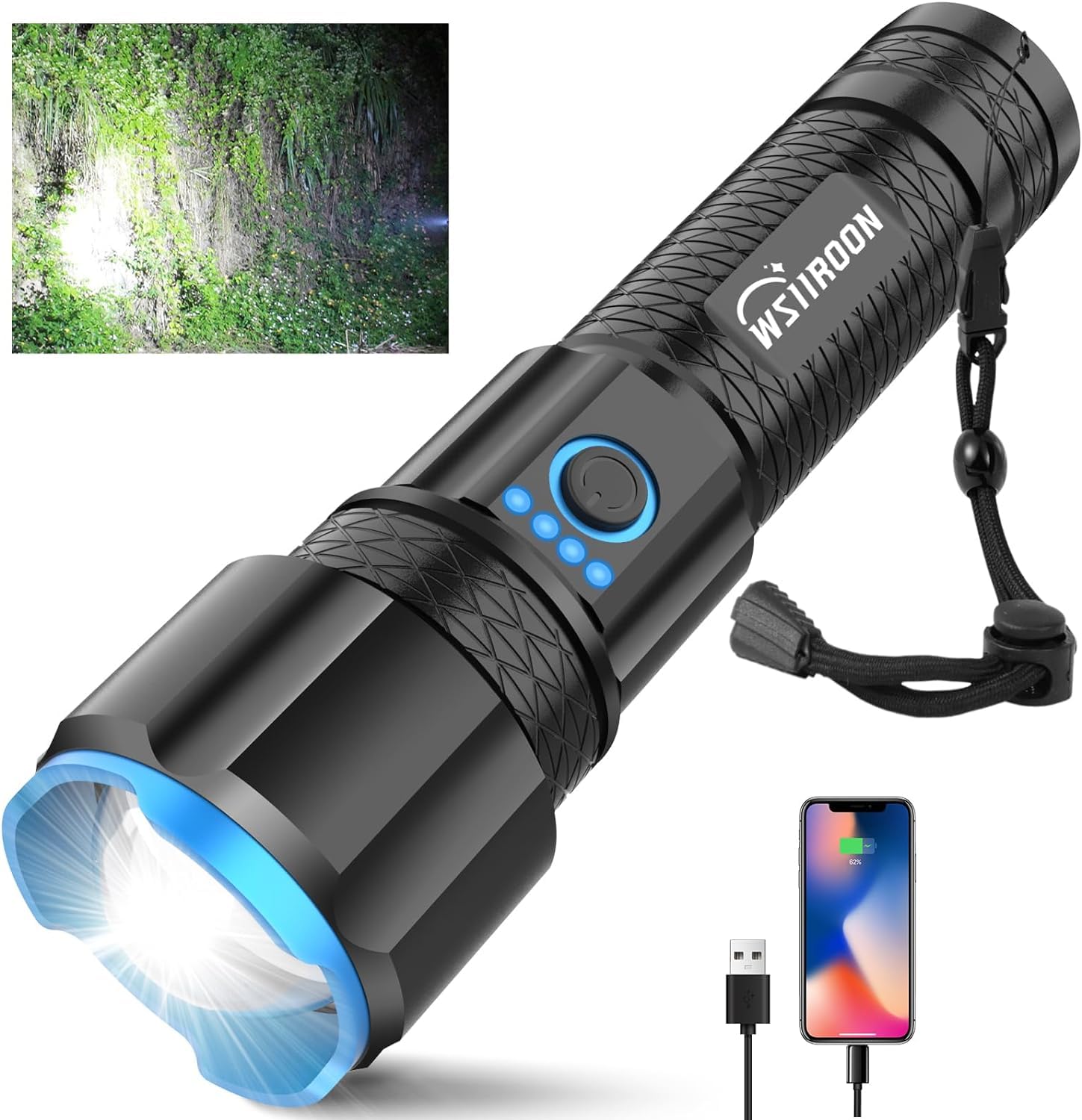 WSIIROON LT1702 120,000 Lumen Super Bright LED Flashlight, Black, Battery Powered, Rechargeable, Adjustable Focus, 5 Light Modes, Zoomable, Waterproof, 18 Months Warranty