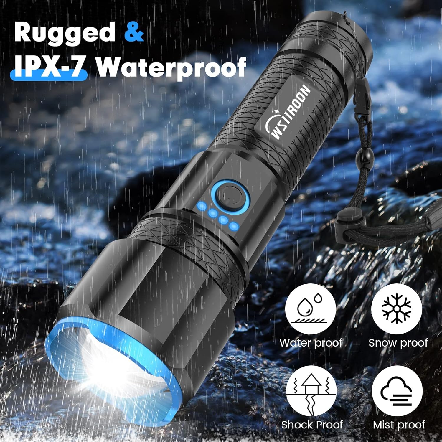 WSIIROON LT1702 120,000 Lumen Super Bright LED Flashlight, Black, Battery Powered, Rechargeable, Adjustable Focus, 5 Light Modes, Zoomable, Waterproof, 18 Months Warranty