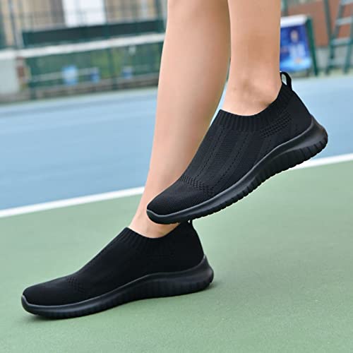 LANCROP Women's Casual Tennis Shoes - Comfortable Knit Gym Walking Slip On Sneakers Wide 11 M US, Label 43 All Black
