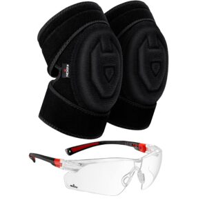 nocry supportive sports and gardening knee pads; unique adjustable straps; soft knee pads & clear safety glasses; adjustable frames and no-slip grips; scratch resistant anti fog, black & red
