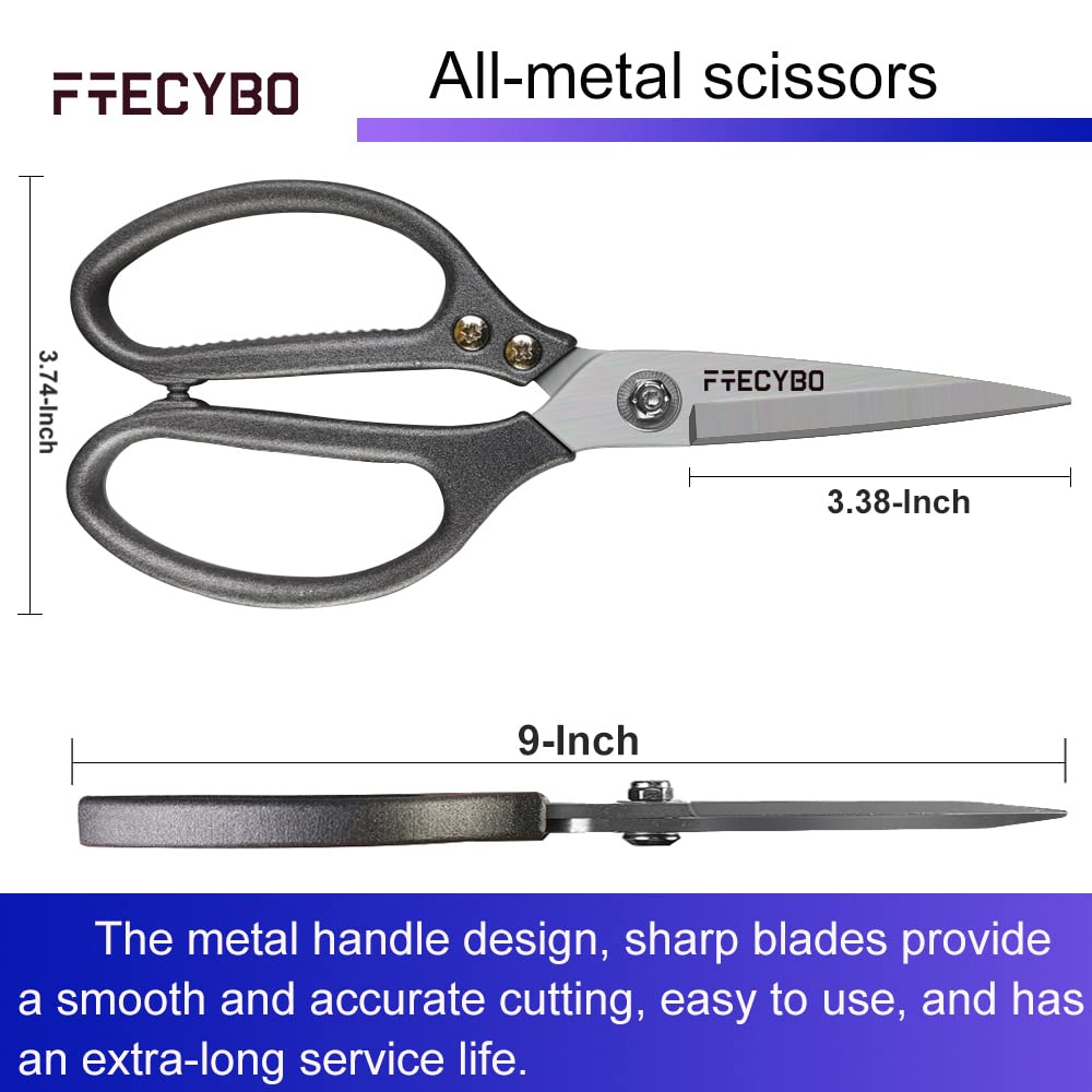 FTECYBO Heavy Duty Scissors 9'', All Purpose, Leather Scissors, Reinforced Stainless Steel Blades with Metal Handles for Home, Office, Easy Cutting Cardboard, Fabric, Carpet, Leather