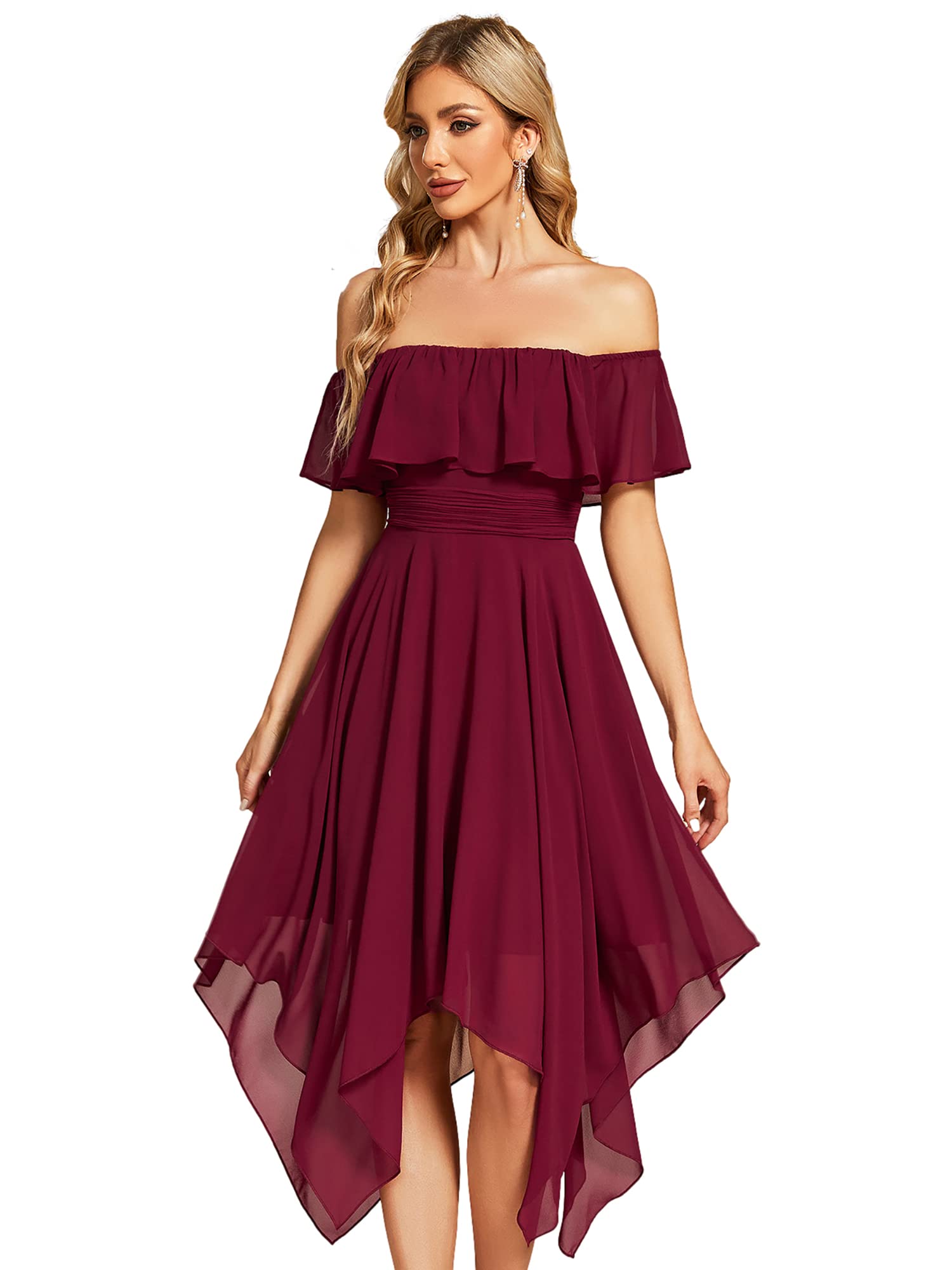 Ever-Pretty Women's Elegant Off The Shoulder Asymmetric Hem Chiffon Midi Spring Dresses for Women Burgundy US12