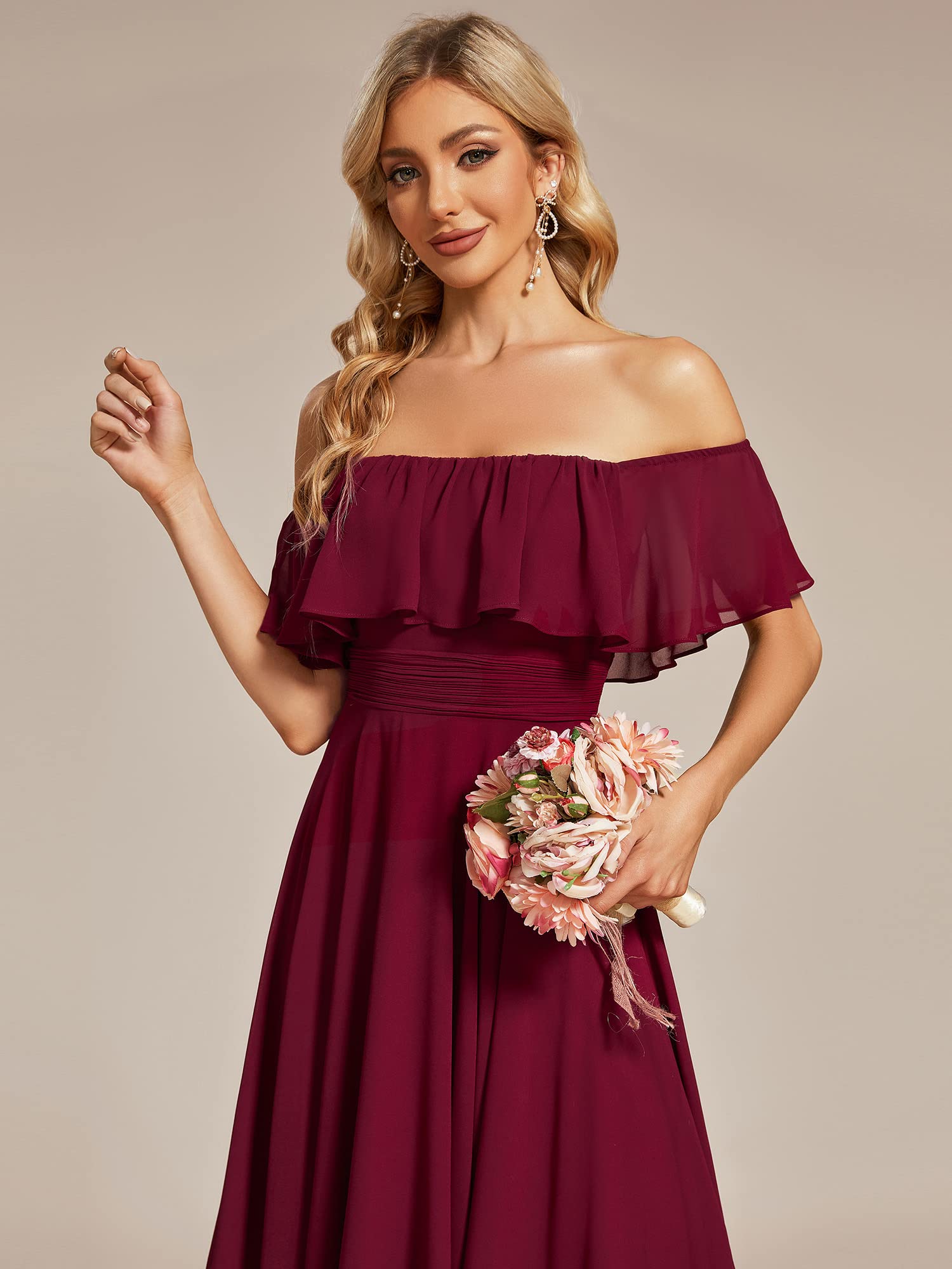 Ever-Pretty Women's Elegant Off The Shoulder Asymmetric Hem Chiffon Midi Spring Dresses for Women Burgundy US12