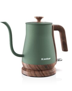 keebar gooseneck electric kettle, electric tea kettle stainless steel, pour over kettle for coffee, 1000w hot water kettle electric auto shut off, 0.8l, wood-like grain finish handle, matcha green