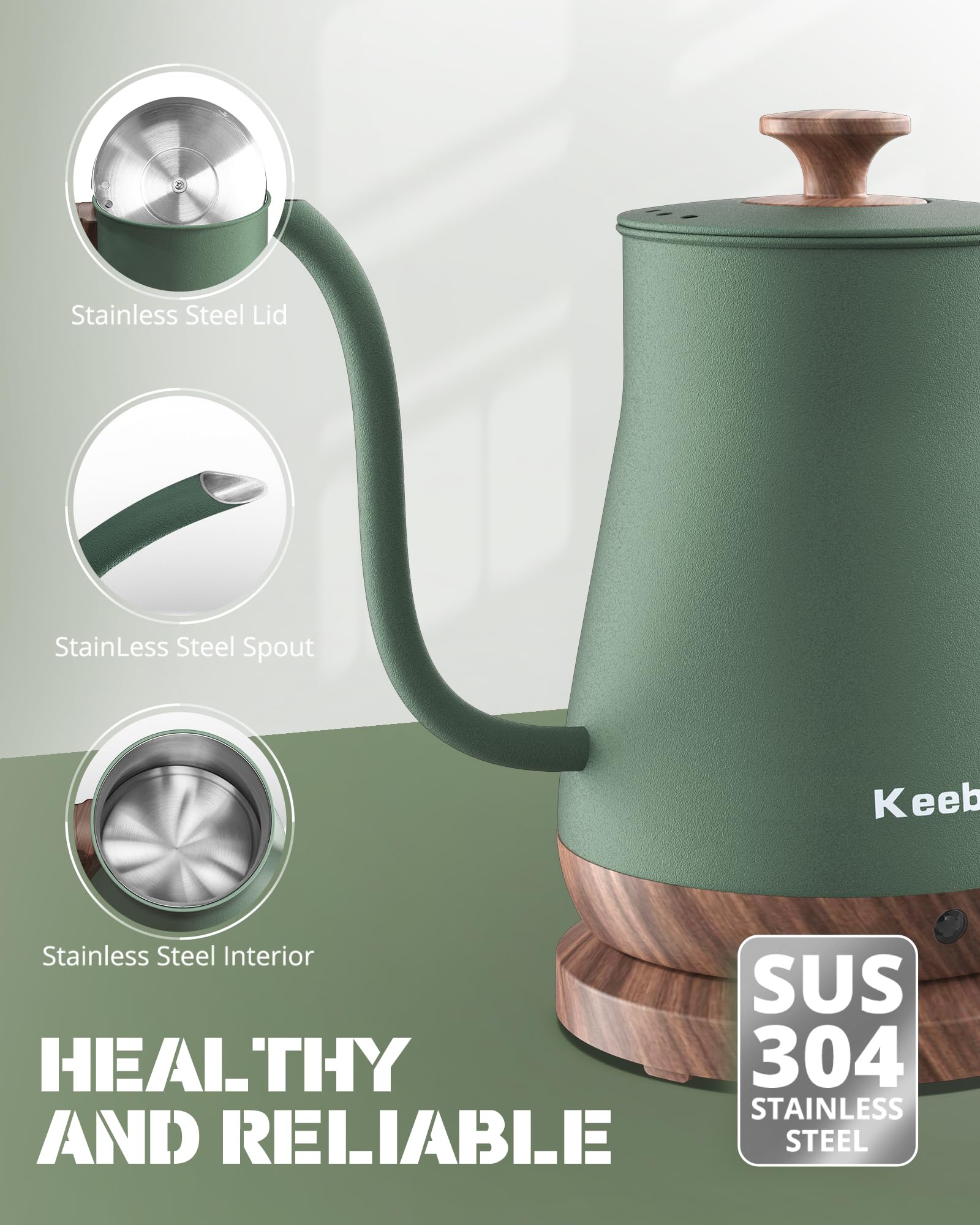 Keebar Gooseneck Electric Kettle, Electric Tea Kettle Stainless Steel, Pour over kettle for Coffee, 1000W Hot Water Kettle Electric Auto Shut Off, 0.8L, Wood-like Grain Finish Handle, Matcha Green