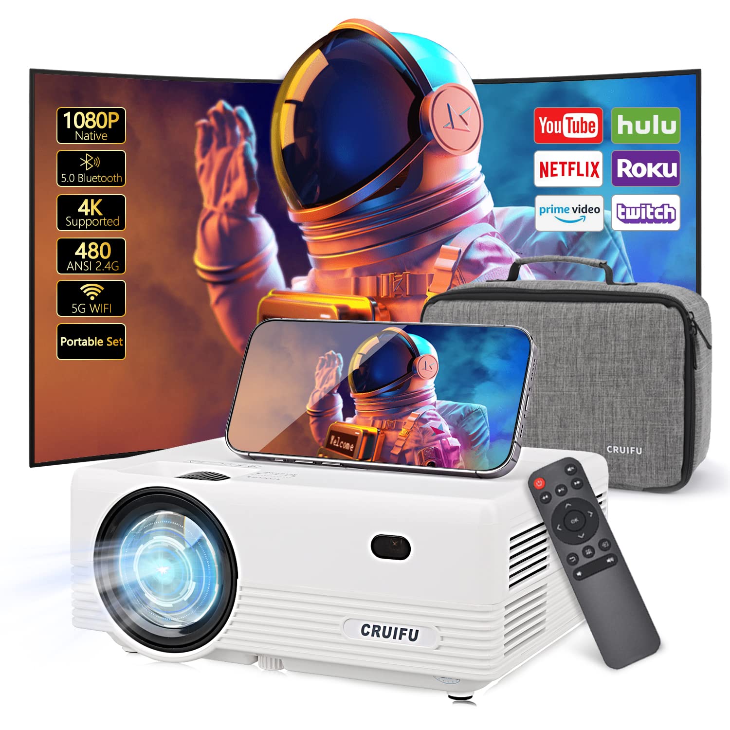 Projector with WIFI and Bluetooth, CRUIFU Native 1080P/12000L 480ANSI Portable Projector HDMI Outdoor Movie Projector 4K Support, Compatible with TV Stick/USB/PC/PS5/Phone