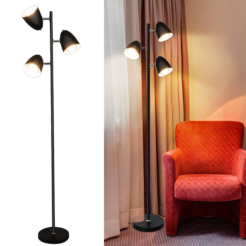 DLLT Tree Floor Lamp for Living Room, 3-Light Standing Lamp, Modern Reading Floor Lamp with Adjustable Metal Heads, Black Pole Tall Floor Light for Bedroom Office, E26 Base (LED Bulbs Included)