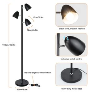 DLLT Tree Floor Lamp for Living Room, 3-Light Standing Lamp, Modern Reading Floor Lamp with Adjustable Metal Heads, Black Pole Tall Floor Light for Bedroom Office, E26 Base (LED Bulbs Included)