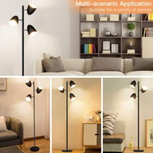 DLLT Tree Floor Lamp for Living Room, 3-Light Standing Lamp, Modern Reading Floor Lamp with Adjustable Metal Heads, Black Pole Tall Floor Light for Bedroom Office, E26 Base (LED Bulbs Included)