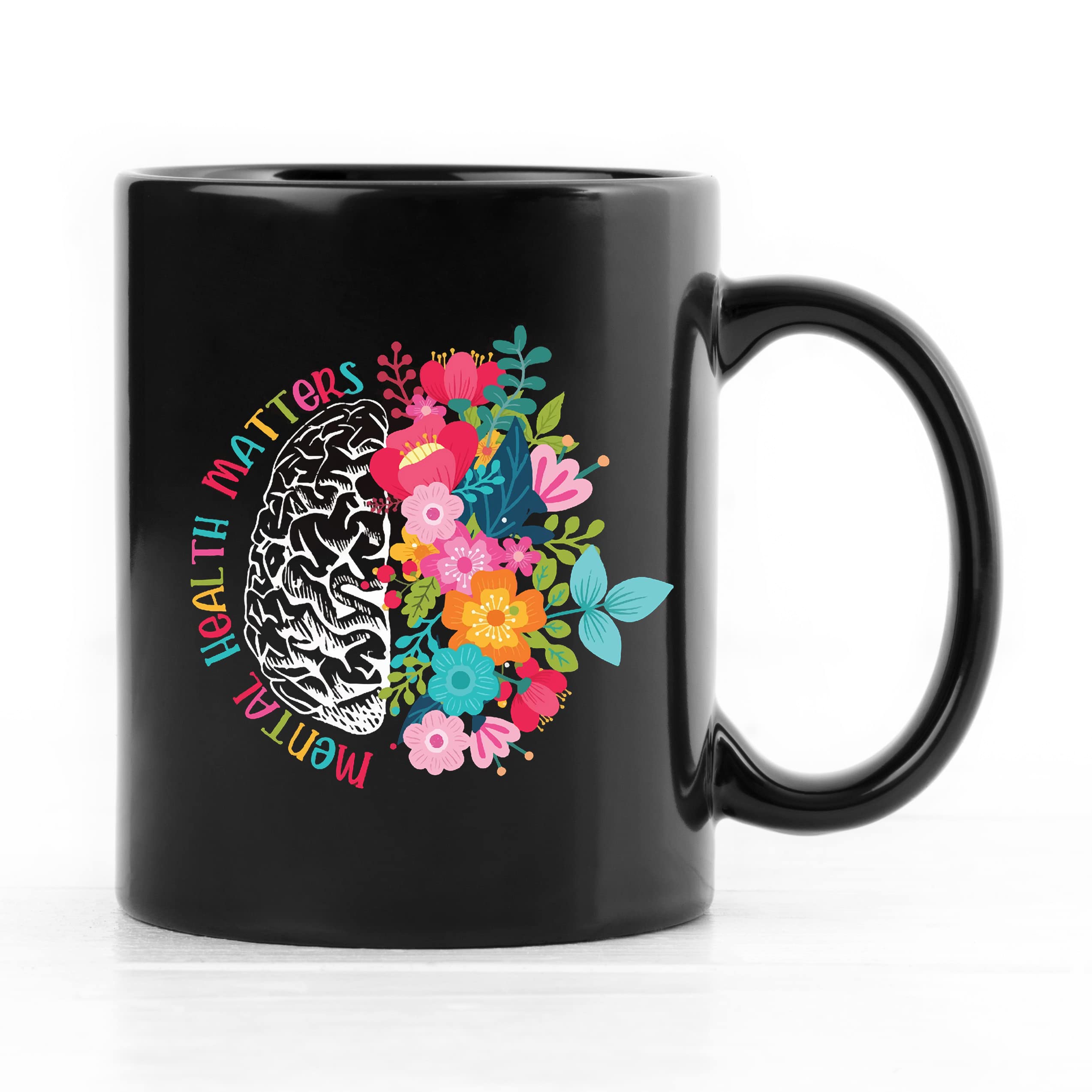 QUICQOD Mental Health Matters Flower Brain Ceramic Mug 11 Ounce, Mental Health Coffee Tea Milk Mug Cup for Home School Counselling Office Therapy Office Decor, Gifts for Therapist Teens Adults Kids