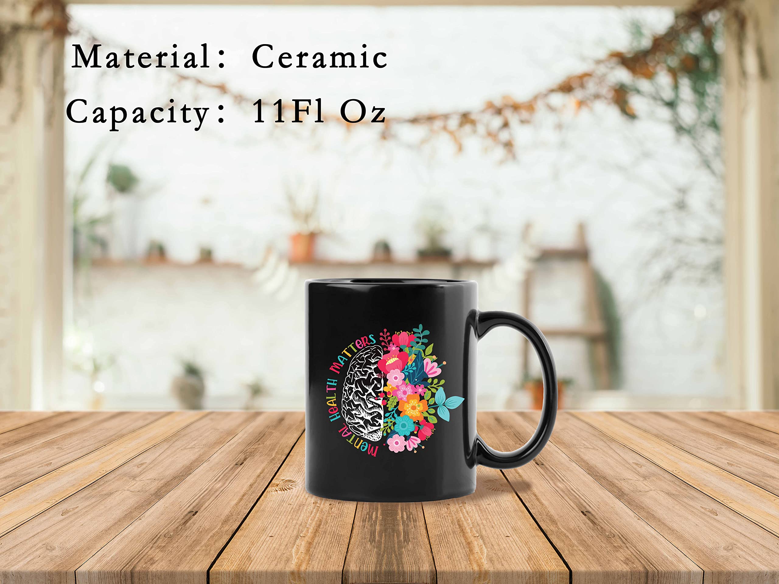 QUICQOD Mental Health Matters Flower Brain Ceramic Mug 11 Ounce, Mental Health Coffee Tea Milk Mug Cup for Home School Counselling Office Therapy Office Decor, Gifts for Therapist Teens Adults Kids