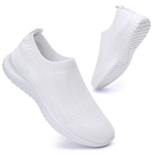 lancrop women's casual tennis shoes - comfortable knit gym walking slip on sneakers wide 7 m us, label 37.5 all white