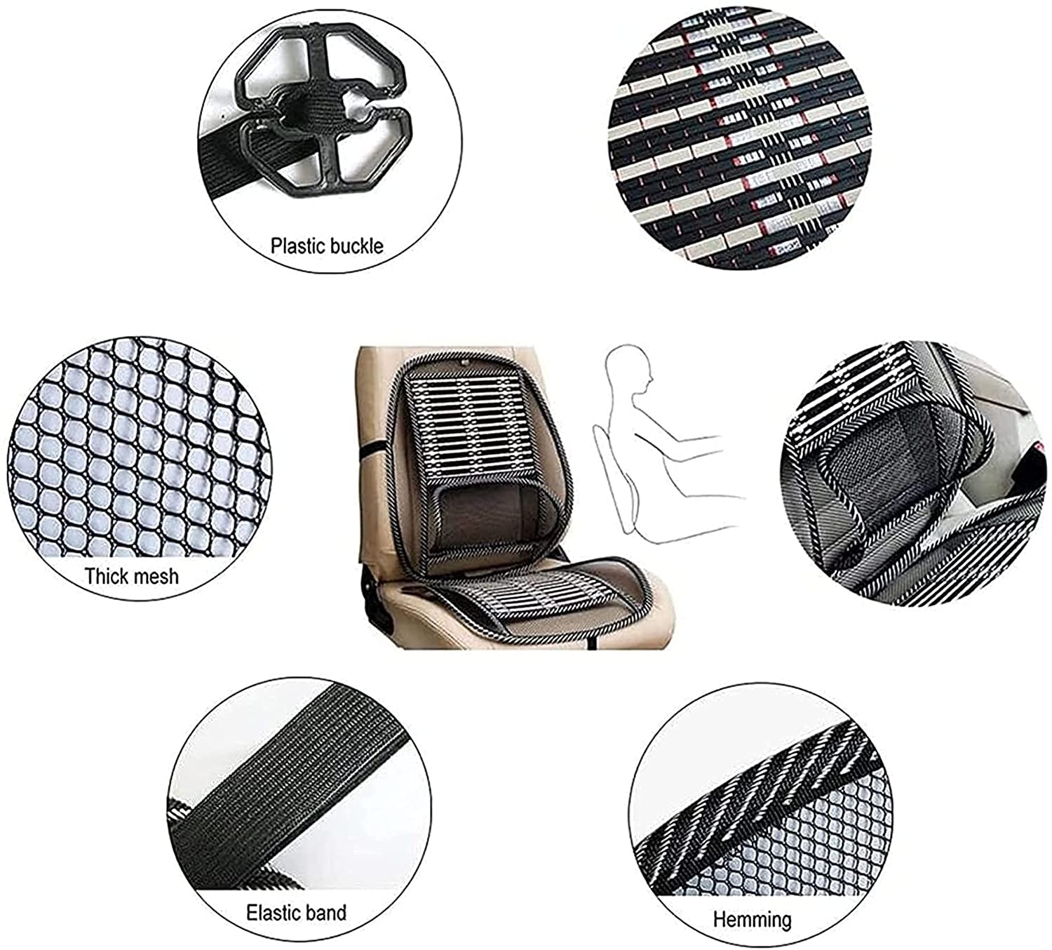 Doxenem Ergonomic Car Seat Office Chair Bamboo Chip Cover Cushion with Wire Mesh Lumbar Back Support,Breathable Black Mesh with Strap Comfortable Ventilate Support Cushion Pad, for Back Pain Relief