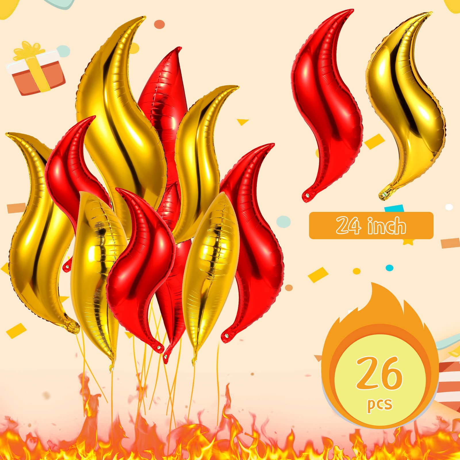 Shappy 26 Pcs Fire Balloons Firefighter Birthday Party Decorations 24 Inch Flame Balloons Fake Campfire Red and Gold Balloon for Fire Truck Fireman Party Supplies Summer Camping
